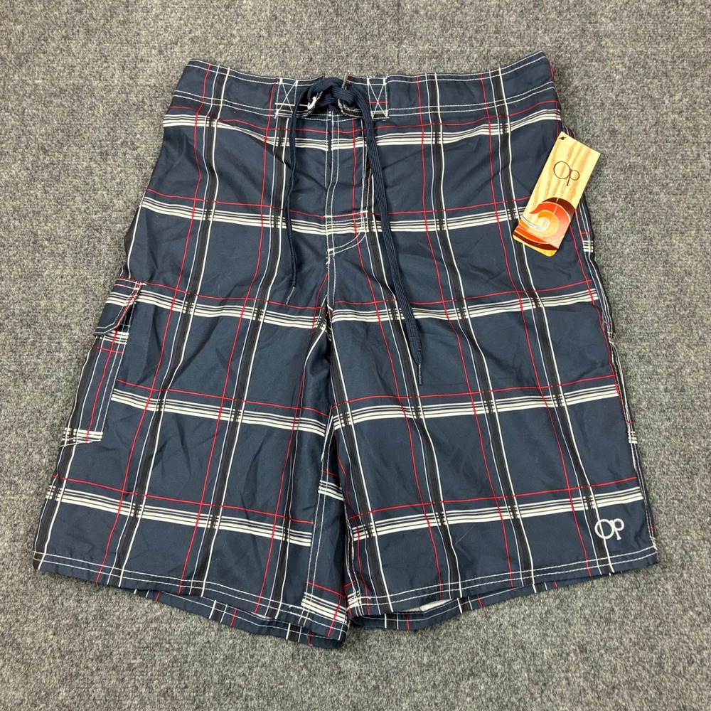 OP Ocean Pacific Mens Size Medium W34 Plaid Blue Board Shorts Swim Trunks NEW